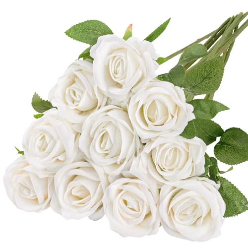 N&T NIETING 10pcs Artificial Roses Silk Fake Flowers, Realistic Single Long Stem Faux Roses White Rose Bridal Bouqets for Wedding Birthday Party Arrangment Home Decor