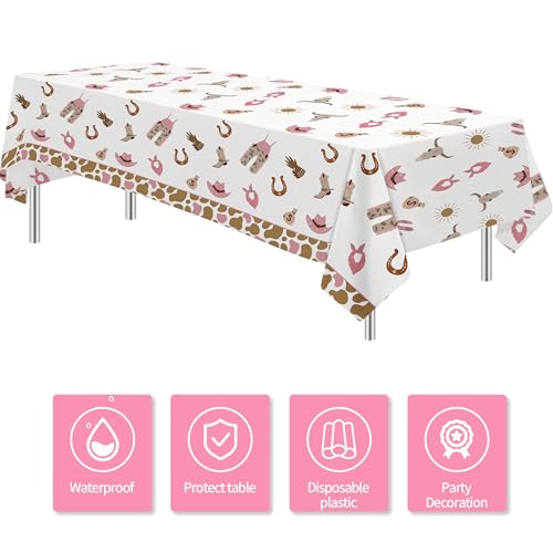 Image of 3 Pack Western Cowgirl Party Decorations Tablecloth for Birthday Baby Shower, Pink Wild West Rodeo Cowgirl Birthday Party Supplies Table Cover, 55in x 86in