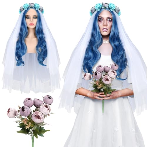 Wavwavw 4 Pcs Ghost Bride Costume Decor Halloween Adult Cosplay Set of Long Curly Blue Wigs White Bridal Veil Flower Crown and Rose Bouquet for Women Accessories Role Playing Props Dress up