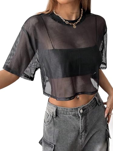 Avanova Women Sexy Sheer Mesh Crop Top See Through Oversized Short Sleeves Boxy Tee Shirt4