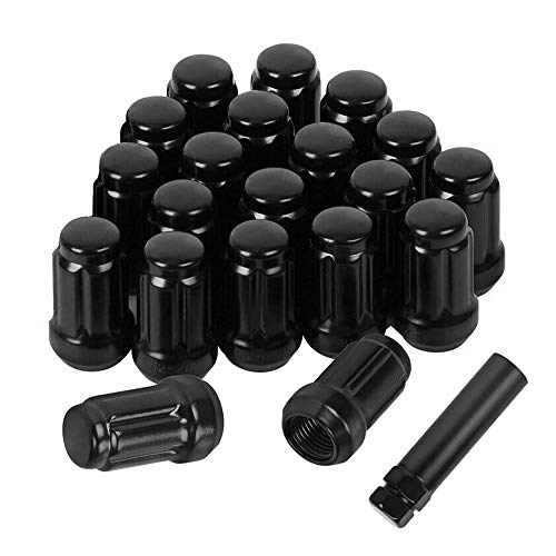 BOPART 20Pcs 1 2 -20 Spline Lug Nuts with Key, 1 2x20 Black Wheel Lug Nuts 1.38  Tall 3 4  Hex Cone Seat Compatible with Ford Lincoln Dodge 5 Lug Tuner Rims Trailer