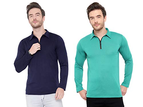 Image of Men's Cotton Blend Full Sleeve Zip Neck Polo T-Shirt (Pack of 1)