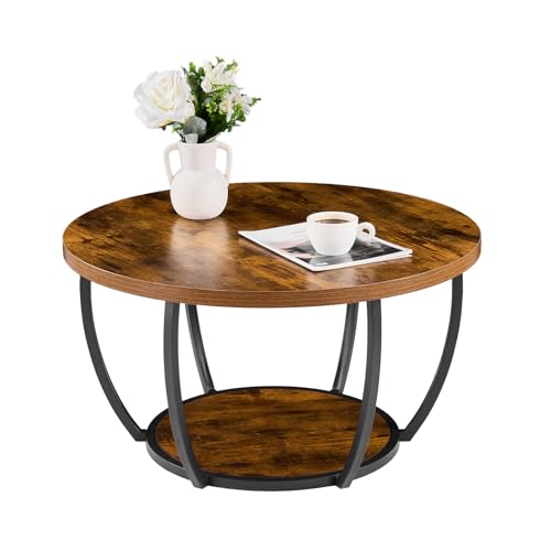 VEVOR Round Coffee Table, Modern Coffee Table, 2 Tiers Wooden Circle Center Desk with Open Storage, Minimalist Sturdy Metal Frame Accent End Desk for Living Room, Office, Easy Assembly, Rustic Brown