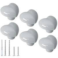Qjaiune 6pcs Ceramic Cabinet Knobs - Light Grey Heart Shaped Drawer Knobs, Cute Kitchen Cabinet Pull Handles for Kids Girls Bedroom