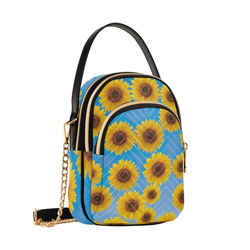 Womens Shoulder Purse Trendy Chain Strap Cell Phone Handbag Quilted Designer Clutch Ladies Zipper Tote Bright Yellow Sunflowers Blue2