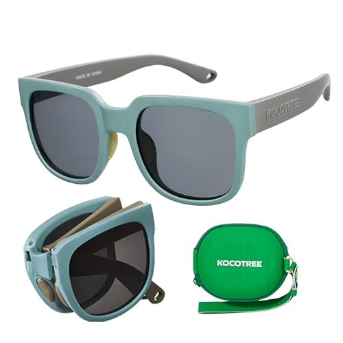 KOCOTREE Foldable Kids Sunglasses, Colourful Flexible Frames for Boys & Girls, Travel-Ready with Carrying Pouch & Cleaning Cloth, Single-Pack (Green)