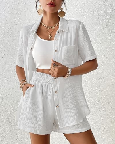 Bsubseach Womens 2 Piece Cover Ups Set Cotton Beach Short Sets Short Sleeve Button Down Shirt Shorts Resort Wear 20253