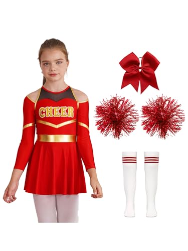 inlzdz Disfraz De Animadora para Niña 4 Piezas Vestido Porristas con Pompones Vestido De Danza Deportivas Disfraz Fiesta Carnaval Rojo 7-8 años