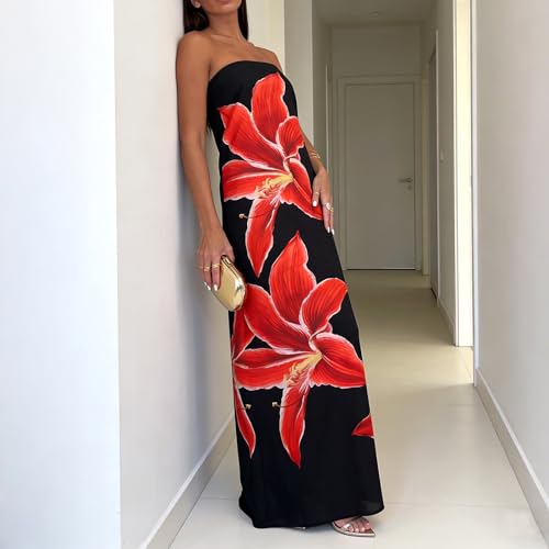 Image of Zwirelz Women Strapless Maxi Dress Boho Floral Print Flowy Long Tube Dress Off Shoulder Loose Beach Sundress