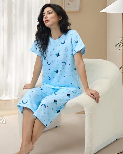 Image of XPUDAC 4-Pack Womens Pajama Sets Short Sleeve Tops with Capri Pants Soft Sleepwear Pjs Set