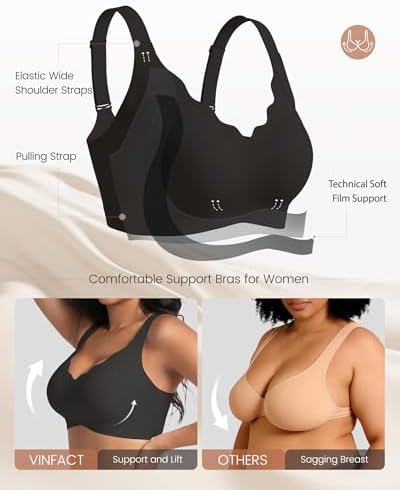 Vinfact Push Up Bras Scalloped Lift Bras for Women No Underwire Seamless Support Everyday Tshirt Bras Black XL - 2