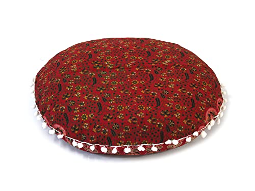 Round Mandala Floor Pillow Cover Seating Cushion Throw Cover Hippie Decorative Bohemian Ottoman Pouf Cover, Pom Pom Pillow Cases,Boho Indian 22 Inches (Red) #TOP2