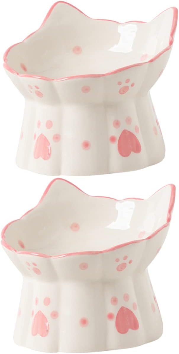 2pcs Elevated Cat Bowls Ceramic Raised PET Feeding Bowl Set Non-Slip Base Spill Design for Cats and Kittens Neck Protection Water and Food Dish