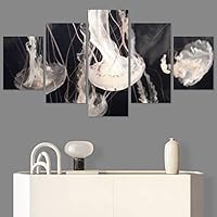 SIGNWIN 5 Panel Canvas Wall Art Modern Art Dramatic Fish Jellyfish Marine Life Multicolor Nautical Photography for Home Decorations Ready to Hang - 60