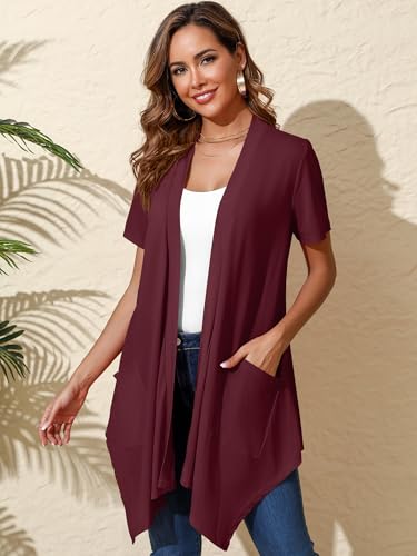 Image of Women's Lightweight Open Front Cardigans Short Sleeve Casual Soft Sheer Cardigan S-2XL with Pockets