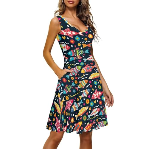 Image of Women's Casual Loose Sundress Midi Sleeveless Crewneck Dress Summer Beach Tank Dress with Pockets