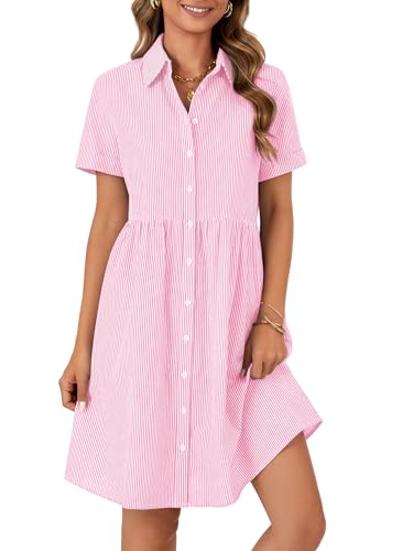 Image of Rooscier Women's Striped Shirt Dress Button Down Collared Short Sleeve Mini Dress