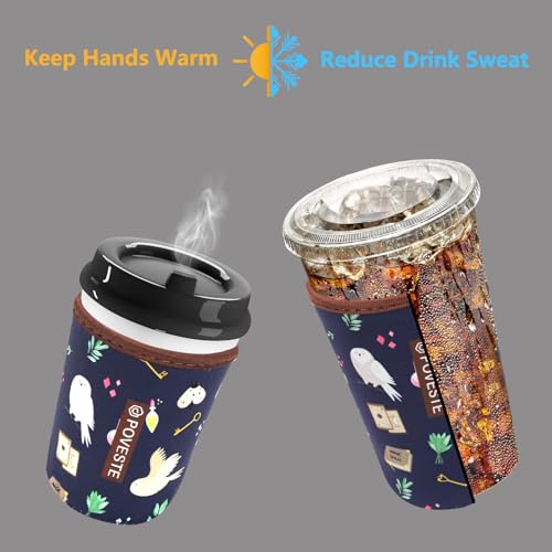 Image of Reusable Neoprene Insulator Sleeve for Iced Coffee & Cold Soda, Coffee Sleeves for Iced & Hot Drinks, Cold Beverage Cooler Compatible with Starbucks, Dunkin (Hogwar Magic, Medium: 22-24oz)