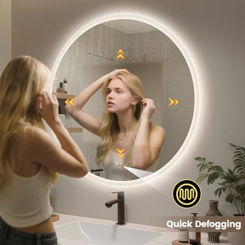 Image of Modern Round LED Wall Mirror ? Trio?Color Lighting, Antifog Heating, Stepless Dimmer & Memory Recall for Vanity& Bathroom. (32x32 inches)