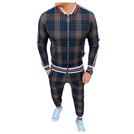 Herr rutigt tryckt tvådelat set basket träningsoveraller sweatshirt kostym stor dragkedja ribbad manschett och fåll, Brun blå, L