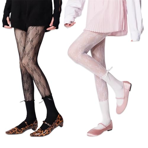 2 pares de medias de mujer con estampado Kawaii, medias huecas de encaje, patrón hueco de Lolita, medias florales, medias de malla, medias de club nocturno, medias de cintura alta, negro y blanco