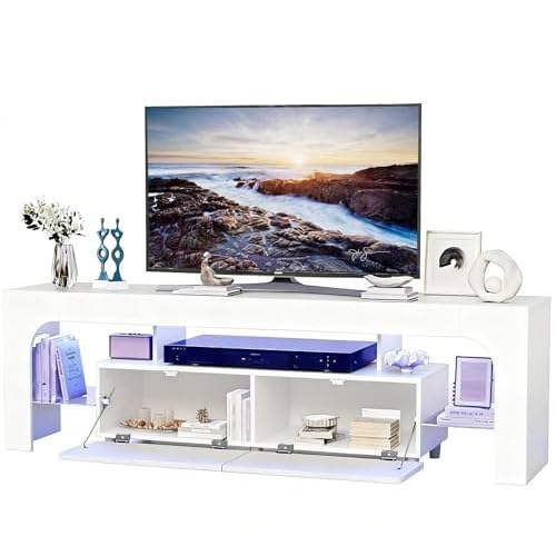 Garvee Modern LED TV Stand with Large Storage Cabinet for 50 55 60 65 70 75 Inch TVs,Open Shelf TV Console Table with Control Color LED Lights,Entertainment Center Media for Living Room,Bedr