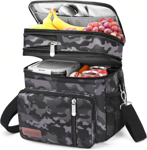 Image of MIYCOO Lunch Bag & Lunch Box for Men Women, Double Deck Leakproof Insulated Soft Large Adult Camping Cooler bag for Work, Beach, Picnic, Travel (Black Camo, 15L)