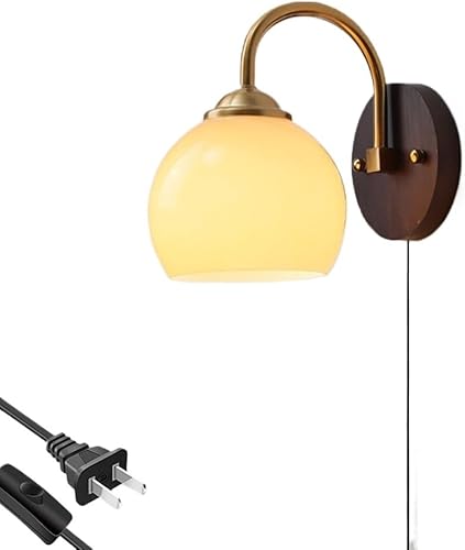 Vintage Mid Century Wall Light Rustic Farmhouse Wood Wall Lamp with Milk Glass Shade for Bedside Living Room Kitchen E26E27 Base Indoor Sconce(Plug