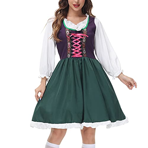 Disfraz de Halloween y Navidad 2026 para mujer, 3 piezas, 1 camiseta, 1 vestido, 1 delantal, vestido verde oscuro, vestido tradicional morado, actuación del Oktoberfest (verde militar, L) Regency para