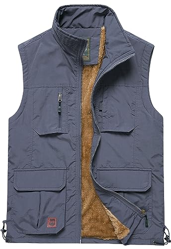 HOW'ON Men's Lightweight Fleece Lined Warm Vest Outdoor Sleeveless Jacket Multi-Pocket For Travel Hiking Golf