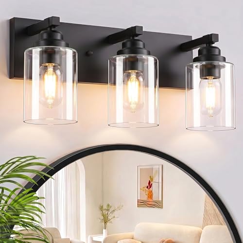 Image of Black Bathroom Light Fixture, 3 Light Matte Black Vanity Light, 18.8 inch Modern Farmhouse Bathroom Lighting Fixtures Over Mirror, with Clear Glass Shade, Vanity Lights for Bathroom, Bedroom, Hallway