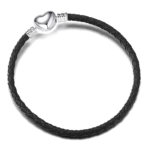 NanMuc 3mm Black Leather Bracelet Heart Barrel Snap Clasp Handmade Braided Wristband fit Pandora European Charm Bead DIY Jewelry 20CM