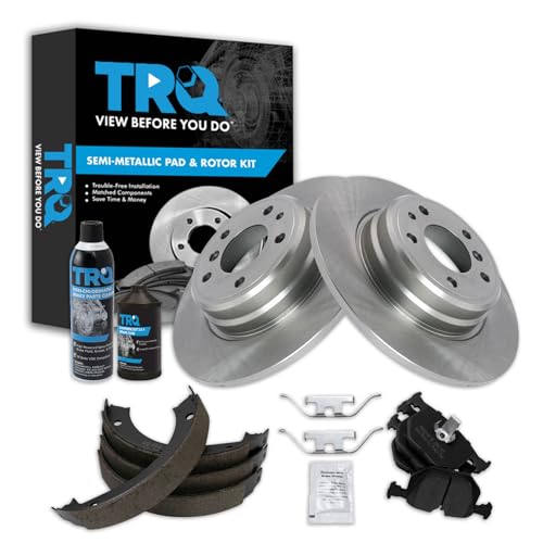 Image of TRQ Rear Brake Pad & Rotor Kit, with Chemical Kit Parking Brake Shoe Set Semi-Metallic Compatible with 1995-2001 BMW 740i 740iL