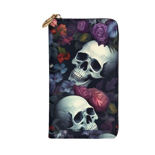Horrible Dark Skulls Flowers Pattern Picture Leather Long Clutch Wallet for Fashionable Girls and Women - Durable, Stylish, and Functional, Black, One Size2