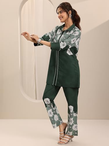 Image of Libas Green Printed Cotton Co ords set for Women | daily wear | casual wear | office wear