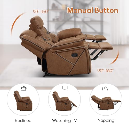 Image of EBELLO Manual Recliner Sofa Set, Faux Leather Reclining Living Room Furniture Set, Included Recliner Chair and 3 Seat Manual Recline Sofa, Brown