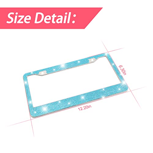 Bling Car License Plate Frame, Sparkly Rhinestone Stainless Steel License Plate Cover/Holder, Universal for Most Cars, SUVs, Vehicles with Screw Set, Auto Accessories for Women (Light Blue)