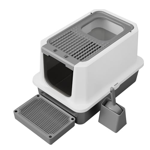 RIZZARI Enclosed Cat Litter Box: Dark GrayStainless Steel Litter Box with Top Holes - Odorless Design for Anti Leakage - Large Litter Pan for Small to Large Sized Cats in Bedroom Living Room