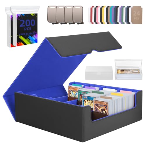 4 Rows Trading Card Storage Box 3200+ Card Organizer Deck Case with 200 Sleeves & 24 Dividers Fits for MTG TCG Magic Baseball Football Basketball Sports Cards (Black & Blue)
