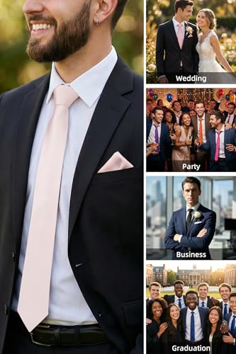 Image of HISDERN Mens Ties Solid Color Ties for Men Formal Necktie with Pocket Square Set Satin Silk Neck Tie Handkerchiefs Set