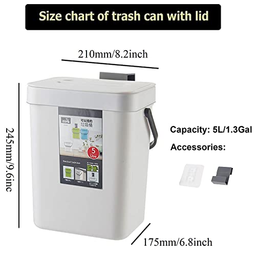 Small Trash Can with Lid Mini Kitchen Hanging Trash Can Tightly Sealed Odor Free, Small Countertop Compost Bin for Scraps from Daily Cooking, Mountable Trash Bin for Kitchen Counter, 5L/1.3 White - Thumbnail 6
