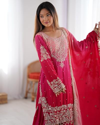 Image of Pandadi Saree Women's Chinon Silk Embroidery Kurta Sharara Set With Dupatta.