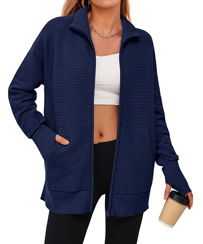 Image of PRETTYGARDEN Womens Long Sleeve Zip Up Ribbed Cardigan Sweaters