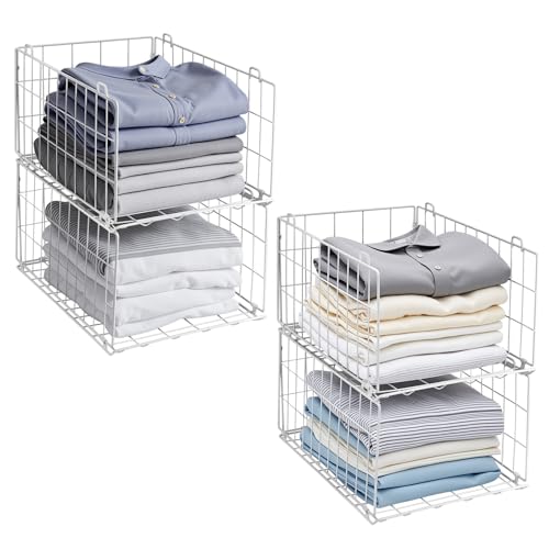 QIWODE Organizer per armadio, organizer per cassetti e vestiti, impilabile, in filo metallico, per camera da letto, cucina, bagno, bianco (confezione da 4)