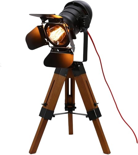 Stativ Lampe Vintage-Stativ-Stehlampe Retro Scheinwerfer Höhenverstellbar Filmstrahler Holzleuchten Lesetischlampe Antik Dreibeinlampe für Schlafzimmer, Wohnzimmer, Esszimmer, Büro (Ohne Glühbirne)