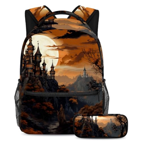 Sac à dos château d'Halloween multicolore et trousse scolaire pour garçon et fille