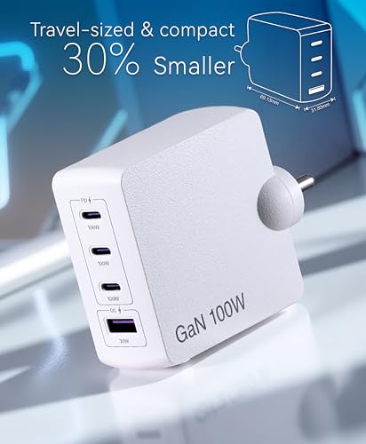 Image of BlueRigger 100W 4-Port GaN Charger PD QC3.0 QC4.0 PPS Fast Charging Compact Adapter for All MacBook Series and laptops with USB C Charging Port (White)
