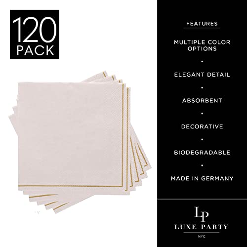 Luxe Party 120 Pack Sqaure Cocktail Napkins, Disposable, Premium 3 Ply Paper, 5 x 5 Inch, Decorative Beverage Napkin, Linen with Gold Stripe by LUXE PARTY - Image 2