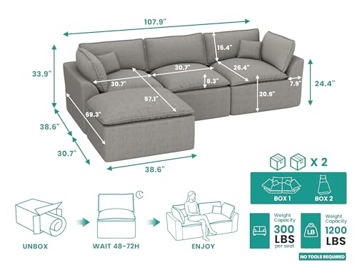 Image of 108 inch Corduroy Modular Sectional Sofa with Ottoman, Boneless Cloud Couch for Living Room, Convertible L-Shape Extra Deep Seat Floor Sofa, Dark Grey