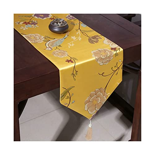 Chemin de table brodé fleurs et oiseaux jaune en polyester avec pompon 33x210 cm